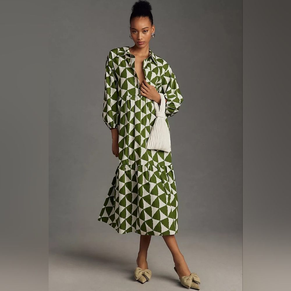 Maeve by Anthropologie The Bettina Tiered Midi Shirt Dress size XS Moss